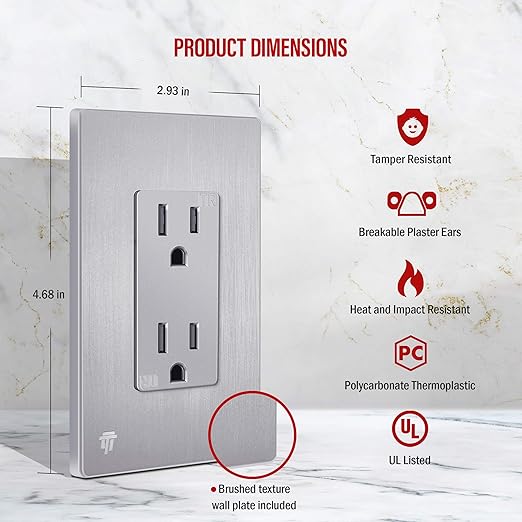 ENERLITES Elite Series Decorator Receptacle, Child Safe Tamper-Resistant Outlet, Self-Grounding, Residential Grade, 15A 125V, UL Listed, 61501-TR-SVWBP, Brushed Silver With Wall Plate