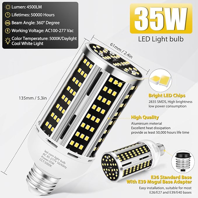 35W LED Corn Light Bulb 2 pack,(300W Equivalent )Commercial Grade Daylight 5000K E26/E39 5000LM Medium Mogul Base LED Lamp,Large Area Lights For Outdoor Indoor Garage Warehouse Factory Bay Light