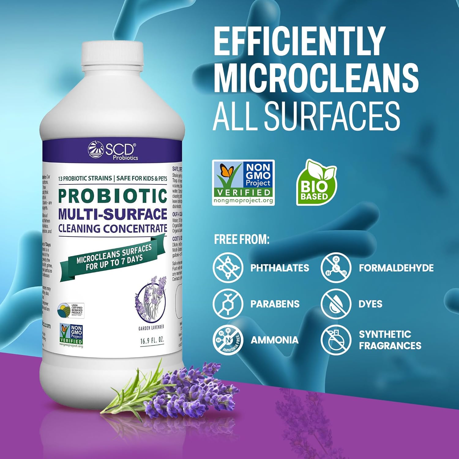 SCD Probiotics Probiotic Multi-Surface Cleaning Concentrate w/Lavender Essential Oil, Microcleans Surfaces for Up to 7 Days, Plant-Based and Multi-Surface 17 Fl Oz (3 Pack)
