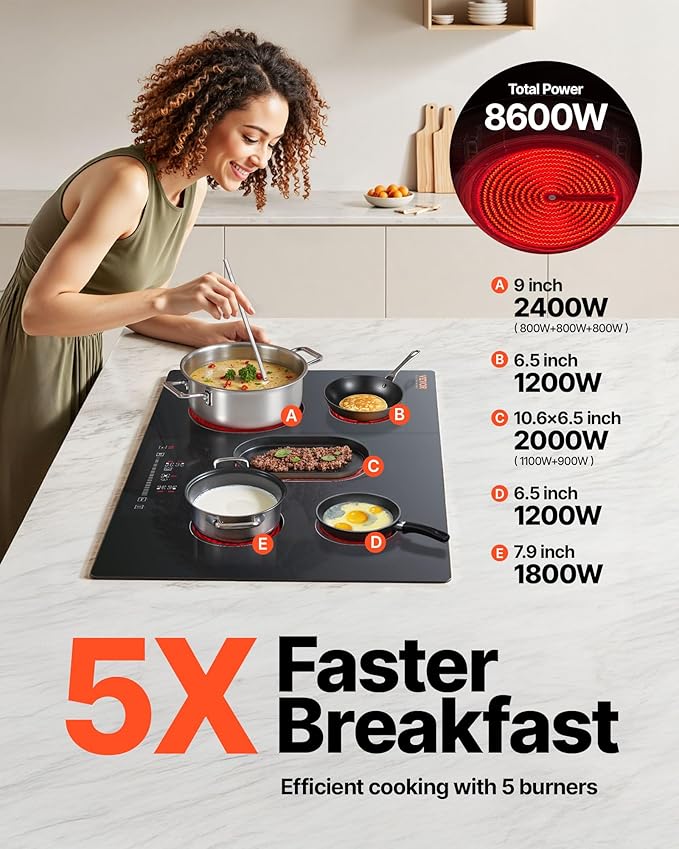 VEVOR Built in Electric Stove Top, 30 inch 4 Burners Ceramic Cooktop, 240V Glass Radiant Cooktop with Sensor Touch Control, Timer & Child Lock Included, 9 Power Levels for Simmer Steam Slow Cook Fry