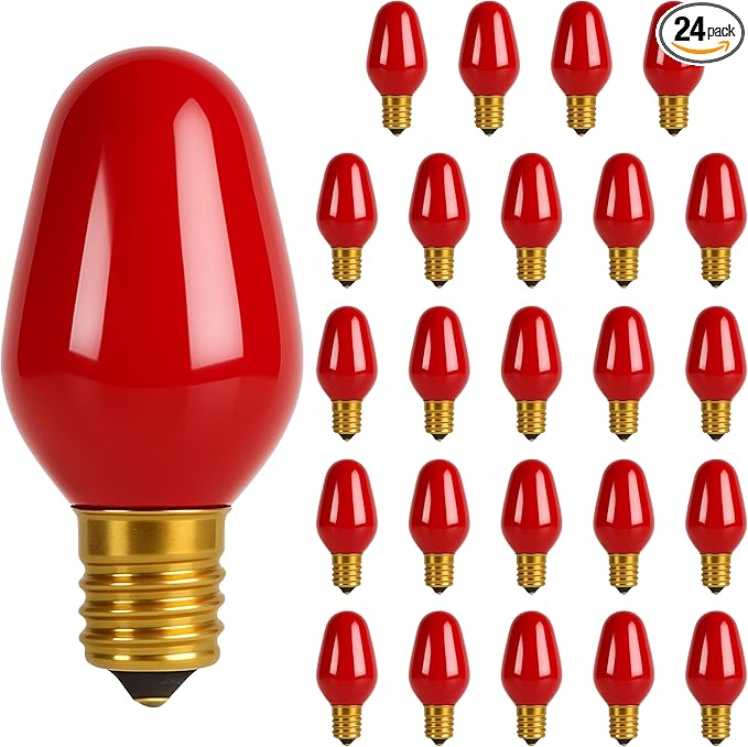 OHLECTRIC Night Light Bulbs (24 Pack – Red), 7 Watt Mini Bulbs – E12 Candelabra Base, Non-Dimmable, 120 Volts – C7 Night Light Lamp Replacement Bulb for Salt Lamps, Window Candles, Holiday Decor