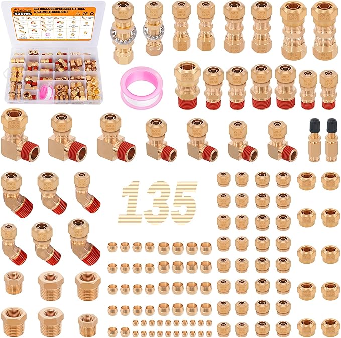 135 Pcs DOT Air Brake Line Fittings, 1/4" 3/8" 1/2" Brass DOT Compression Air Nylon Tubing Fittings Connectors Assortment For Trucks or Industrial Use
