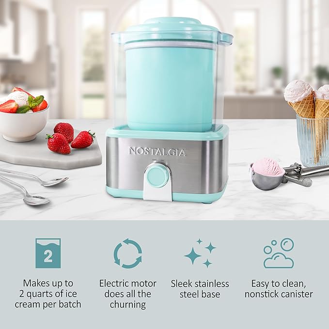 Nostalgia Electric Ice Cream Maker with 2-Qt Double Insulated Gel Canister & Stainless Steel Base - Makes Sorbet, Soft Serve, and Frozen Yogurt - Aqua