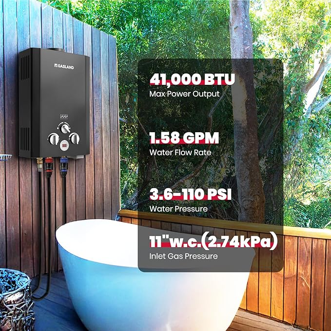 GASLAND BE158B 1.58GPM 6L Portable Hot Water Heater, Instant Propane Water Heater, Overheating Protection, Easy to Install, Use for RV Cabin Barn Camping Boat, Black