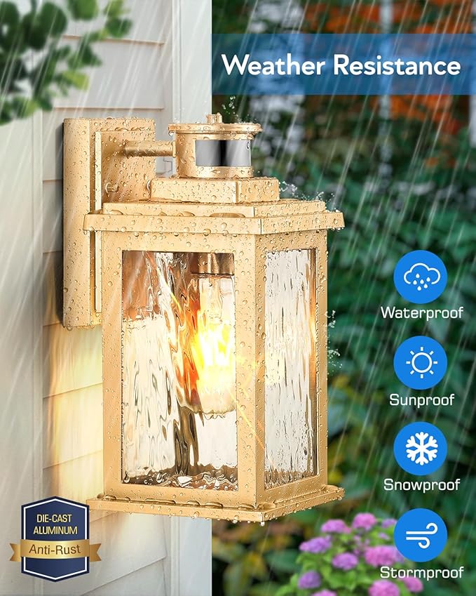 VIANIS 2 Pack Motion Sensor Outdoor Lights Lantern, Dusk to Dawn Exterior Lights for House, Gold Anti-Rust Porch Lights Sconce, Garage Lights Wall Mount for Patio, Doorway, UL Listed