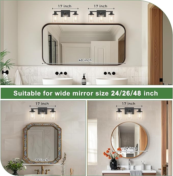 DORESshop 17 Inch Bathroom Light Fixtures, 3-Light Black Bathroom Lighting Fixtures Over Mirror with Glass Shade, Modern Vanity Lights for Hallway Bedroom, Includes Bulbs