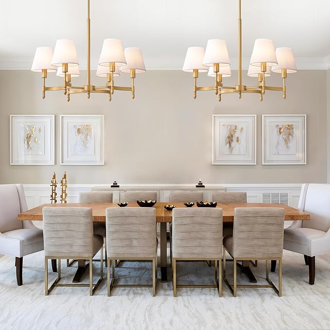 27'' Gold Chandelier Chandelier for Dining Room with White Fabric Shades, 6-Light Modern Farmhouse Chandelier Adjustable Brass Pendant Light Fixture for Living Room Kitchen Entryway Foyer