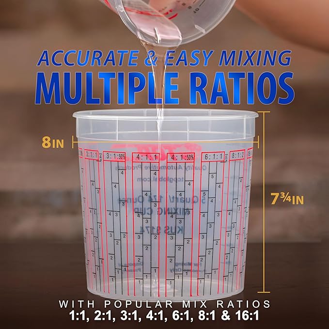 Custom Shop Paint Mixing Cups, 5-Quart (12 Pack) - Plastic Measuring Cups for Liquids, Automotive Painting, Epoxy Resin, Acrylic Arts, Crafts, Disposable or Reusable, Graduated, Mixing Ratios