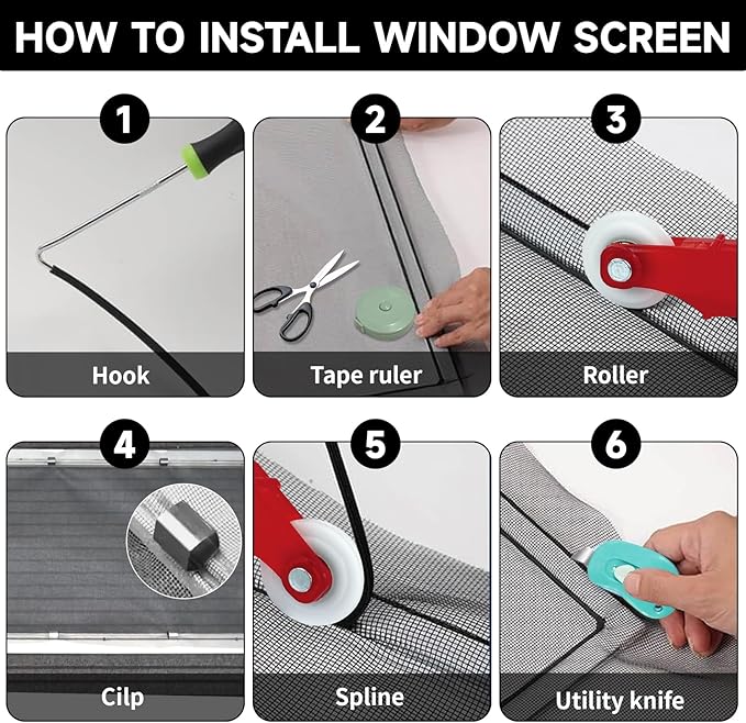 Window Screen Door Repair/Replacement Kit,48" x178" Adjustable Durable Fiberglass Window Screen Mesh,with Spline/Roller/Hook/Clips Screen Door Repair Kit,DIY Window,Porch Sliding Door(Black)