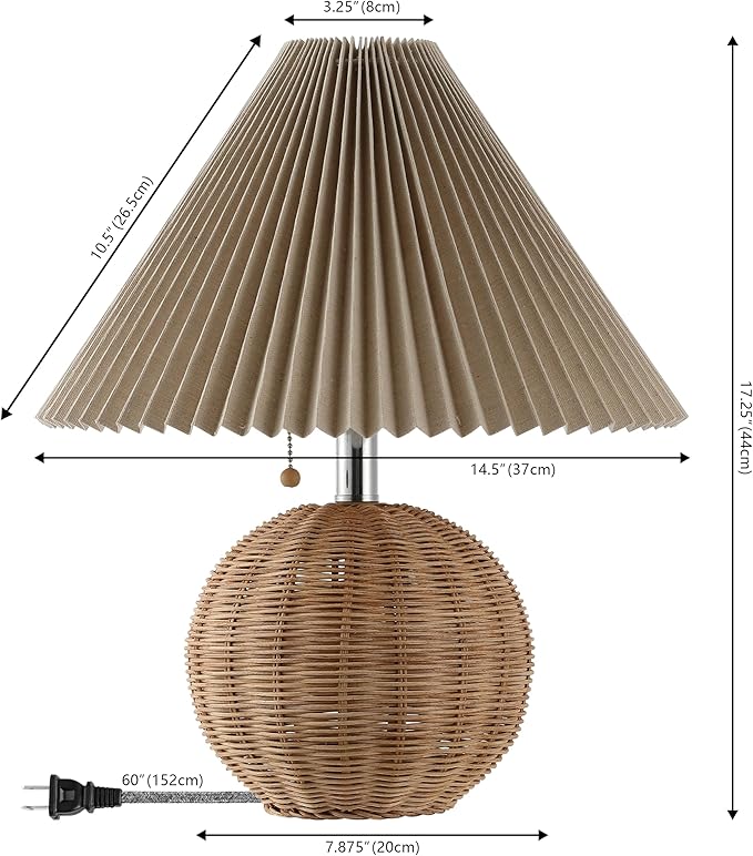 JONATHAN Y JYL1145C Aksel 17.25" Coastal Scandinavian Rattan/Iron Sphere LED Table Lamp with Pleated Shade and Pull Chain, Natural/Chrome/Dark Beige, for Bedroom, Living Room, Entry Console