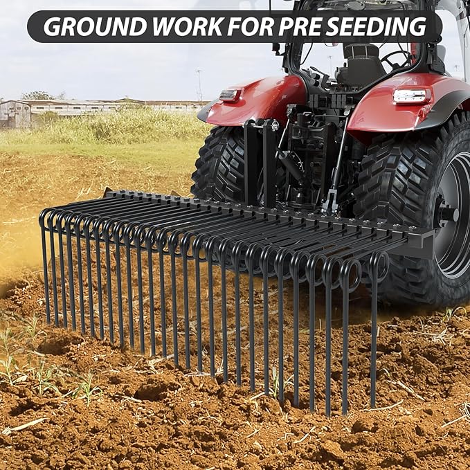 72 Inch 3 Point Tractor Rake, Pine Straw Needle Rake, Durable Powder Coated Steel Spring Landscape Rakes Fit for Cat0,Cat1,Black