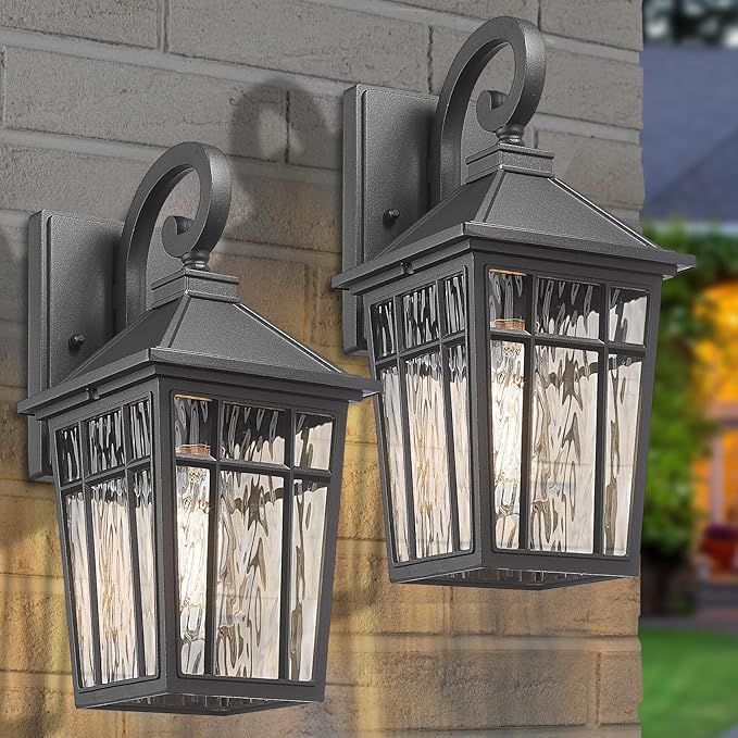 Darkaway Outdoor Wall Lights for House, Exterior Lighting Fixtures Wall Mount Outside Porch Lights Waterproof Black Outdoor Sconce Lights with Water Ripple Glass for Patio Garage Front Door