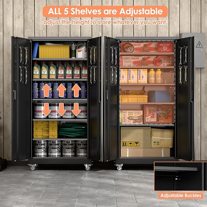 Garage Storage Cabinet with Wheels & Pegboard, 71" H×34" W×18" D Locking Metal Storage Cabinet with 2 Doors and 5 Adjustable Shelves for Garage Home, Assembly Required, Black