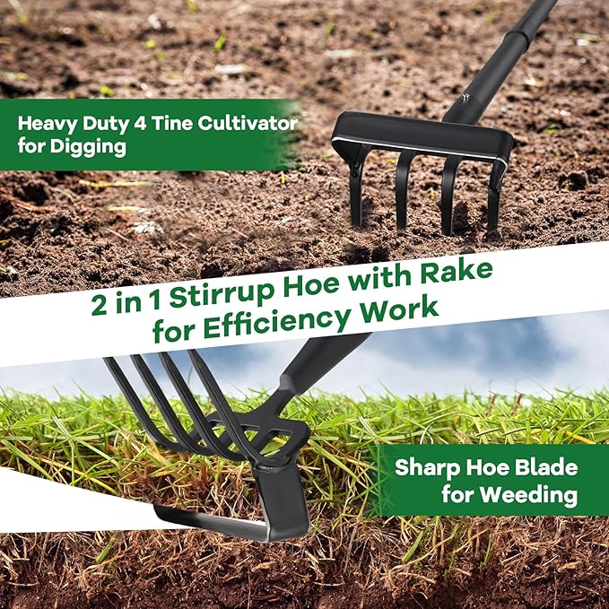 Garden Hoe, 72 Inch Soil Tiller Cultivator Stirrup Hoe, Heavy Duty 2-in-1 Garden Tool with Adjustable Long Handle, Action Scuffle Loop Hoe with Rake for Flower Beds, Garden Loosening Weeding Digging