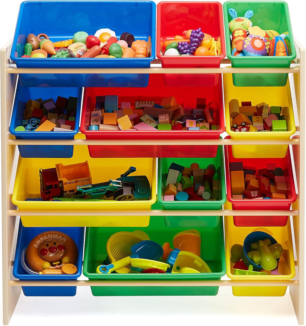 Amazon Basics Kids Toy Storage Organizer With 12 Plastic Bins, Natural Wood With Bright Bins, 10.9" D x 33.6" W x 31.1" H