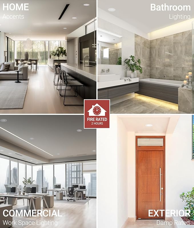 NUWATT 2 Hour Fire Rated Recessed Lighting 4 Inch Wafer LED Lights, 2700K/3000K/3500K/4000K/5000K Selectable, 12W, Dimmable 900LM, Wet & IC Rated, 90 CRI Canless Light, ETL, No Tenmat Needed, 6 Pack