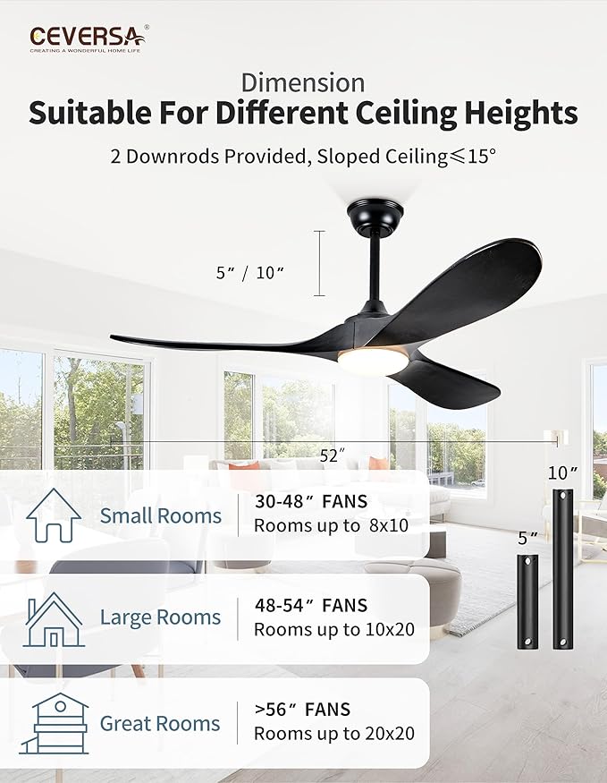 52 Inch Black Ceiling Fans with Lights and Remote,3 Blades Outdoor Wood Propeller Rustic Grey Ceiling Fans,Quiet Noiseless DC Motor,for Farmhouse,Living Room,Bedroom,Indoor