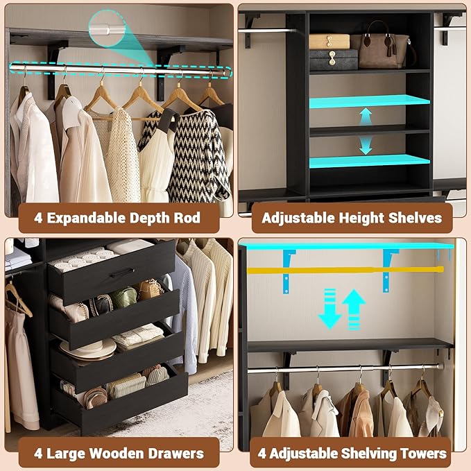 Aheaplus Closet System, 8FT Closet Organizer with 4 Wooden Drawers, Wood Closet Organizer System with Tower, Walk-in Closet Organizer Wardrobe Clothes Rack with 4 Hanging Rods, Garment Rack, Black