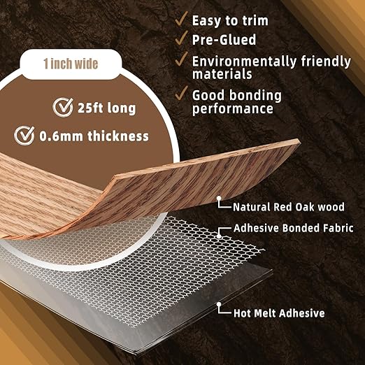 GSCIT Club Red Oak Edge Banding, 1 inch x 25ft roll of Veneer Edge Banding Pre-glued Flexible, Real Wood Tape Banding for Cabinet Repair Furniture Restoration, ZYKJ-1-25-RedOak