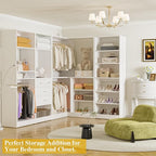 Unikito 110” Closet System with Drawers, 9.3FT Corner Closet Organizer with 4 Hanging Rods, Reversible Large Wood L Shaped Walk in Closets Wardrobe with Shoe Shelves, Max Load 3000LBS, Set of 4, White