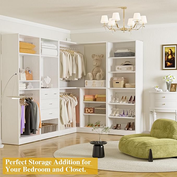 Unikito 110” Closet System with Drawers, 9.3FT Corner Closet Organizer with 4 Hanging Rods, Reversible Large Wood L Shaped Walk in Closets Wardrobe with Shoe Shelves, Max Load 3000LBS, Set of 4, White