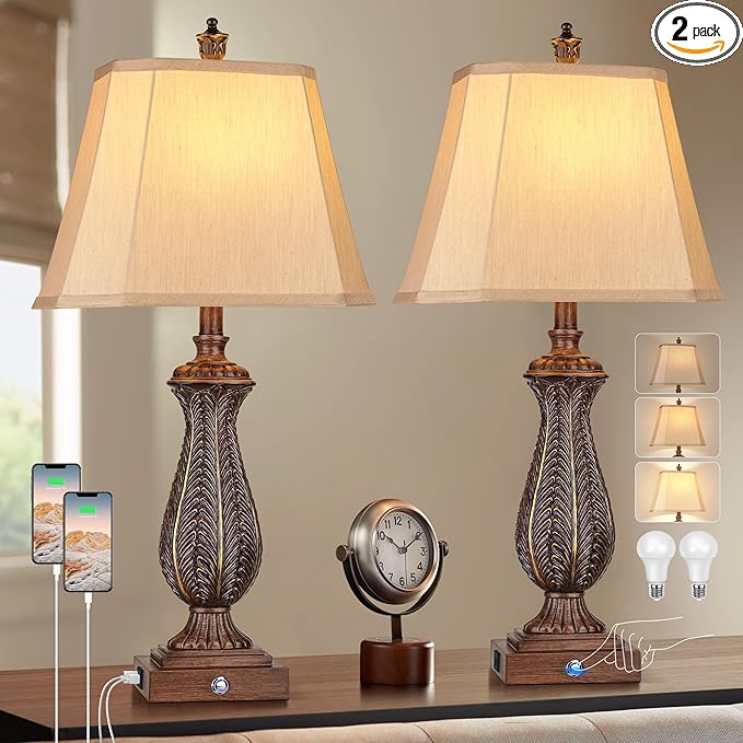 3-Way Dimmable Table Lamps for Bedrooms Set of 2, 30" H Touch Lamps for Living Room with USB & Type-C Ports, Brown Mermaid Bedside Lamp for Nightstand, Resin Farmhouse Rustic Lamp with 2 Bulb