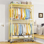 Raybee Clothing Rack with Wheels,Clothes Rack for Hanging Clothes,Portable Closet,2 Shelves,Yellow