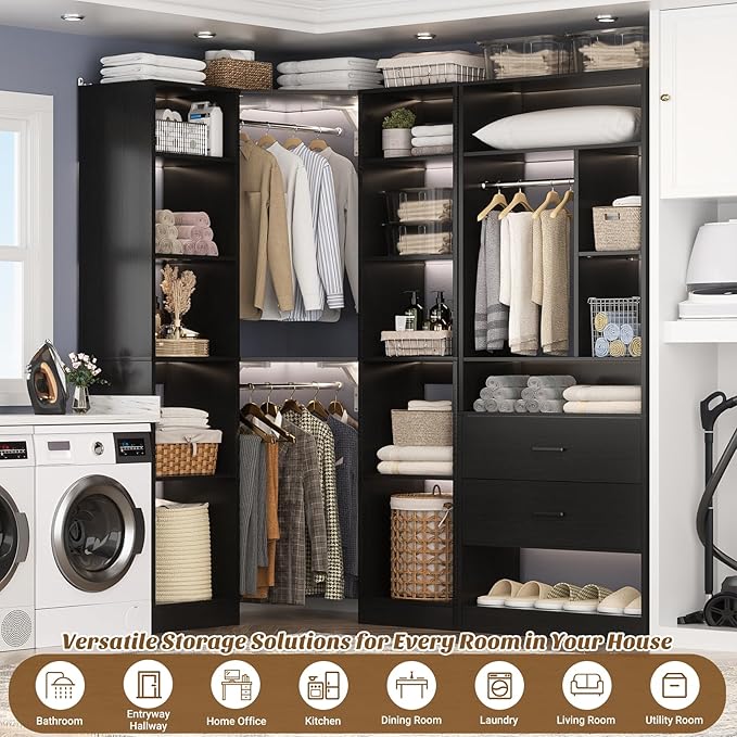 Corner Closet System with 2 Sets, 63.2" Corner Closet Organizer System with 2 Drawers + 18 Shelves + 3 Hanging Rods, Reversible L Shaped Walk-in Closets, Black (63.2" L x 39.2" W x 80" H)