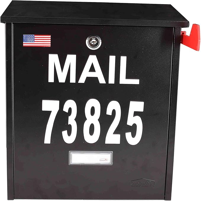 Wall Mount Locking Mailbox - Black Large Capacity Security Mailbox - Waterproof Stainless Steel Vertical Drop Mail Box Outdoor with Key