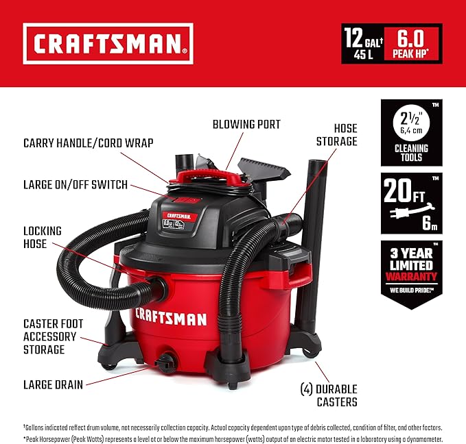CRAFTSMAN CMXEVBE17594 12 Gallon 6.0 Peak HP Wet Dry Vac, Portable Shop Vacuum Wet and Dry with Filter, 3 Dust Bags, Muffler/Diffuser, Hose and Attachments for Home Projects & Renovations