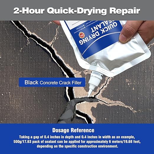 Concrete Crack Filler and Sealant, Quick Drying High Elasticity Cement Crack Filler, Waterproof Repair, Self-Leveling Concrete Slab Repair for Driveway, Patio (Black, 17.64 OZ)