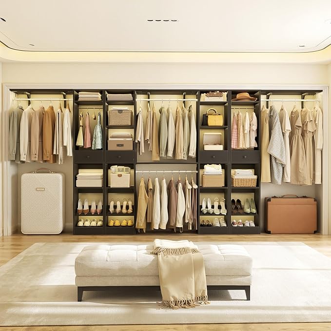 Unikito 10-15FT Closet Systems, Large Wood Walk in Closet Organizer with Hanging Rods and Drawers, Heavy Duty Closets Wardrobe with Shoe Rack, Sturdy Reversible Clothes Closet Kit, Black, Set of 2