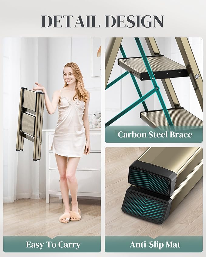 GameGem 2 Step Ladder, Folding Step Stool with Wider Pedal, Anti-Slip Feet & Non Slip Stripes, Aluminum Sturdy Material, 300Lbs Capacity, Elegant Look of Champagne Gold Better Matches Your Home