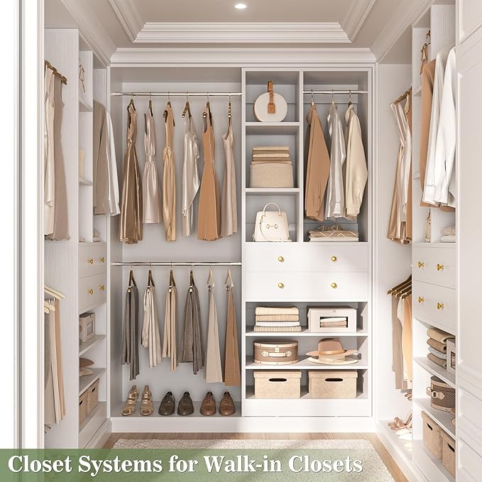 Closet System, 4.2–8.8 FT Closet Organizer with 2 Wooden Drawers and Shelves, Walk-in Closet System with 5 Hang Rods, Built-in Reach in Closet Tower, Can Fit 60 to 96 inch, White