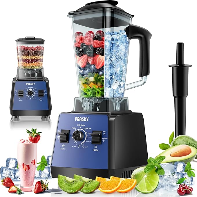 Blender, Smoothies Blenders, PRASKY Max.2400Watts/1000Watts Kitchen Blender and Grinder Combo 25000RPM Powerful Kitchen 68oz BPA Free 2 Containers Countertop Blenders Ice Crushing (Blue)