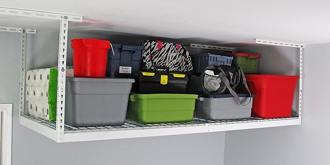 MonsterRax Overhead Garage Storage Racks 3x8’ (2-Pack) Ceiling Mounted Shelving, Adjustable Hanging Organizer, Heavy Duty Steel, Holds 500 Pounds, Color: White, Adjustable from 12"-21” off the Ceiling