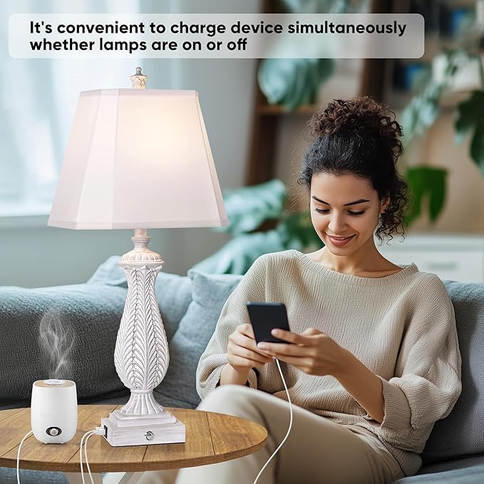 3-Way Dimmable Table Lamps for Bedrooms Set of 2, 30" H Touch Lamps for Living Room with with USB & Type-C Ports, White Mermaid Bedside Lamp for Nightstand, Resin Farmhouse Rustic Lamp with 2 Bulb