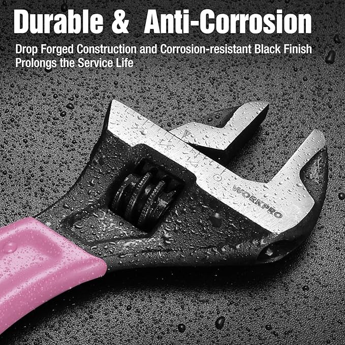WORKPRO 2-piece Pink Adjustable Wrench Set, 6-Inch & 10-Inch Wrenches, Wide Jaw Black Oxide Wrench, Metric & SAE Scales, Cr-V Steel, for Home, Garage, Workshop-Pink Ribbon