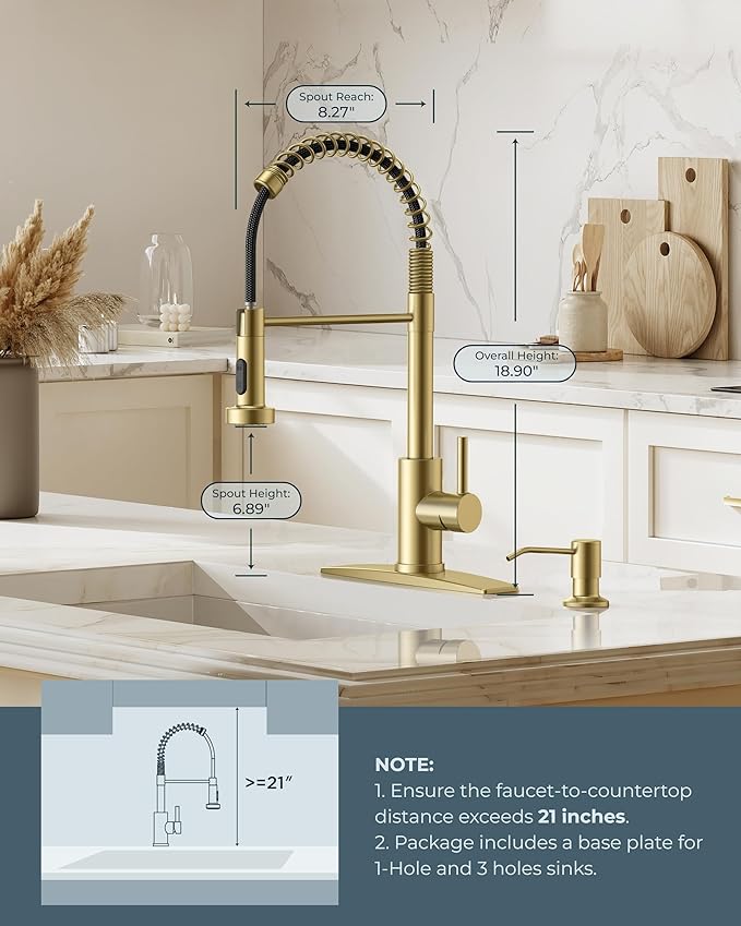FORIOUS Kitchen Faucet with Soap Dispenser, Gold Stainless Steel Spring Sink Faucet with Pull Down Sprayer Transitional Single Handle for Pot Filler, Farmhouse Camper Bar Laundry Room