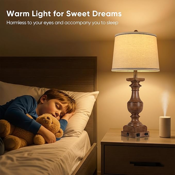 WIHTU Wood Grain Color Table Lamps, 28'' Resin Desk Lamp for Bedroom, Nightstand Lamps Set of 2, Farmhouse Bedside Lamps with Linen Shades, Rocker Switch, Table Lamps with USB A+C Port, Bulb Included