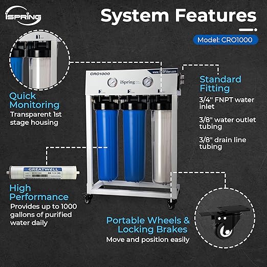 iSpring CRO1000 4-Stage Tankless Commercial Reverse Osmosis Water Filtration System, for House, Restaurant, Small Business, and Light Industrial Use,1000 GPD High Flow, Upgraded Size Filters