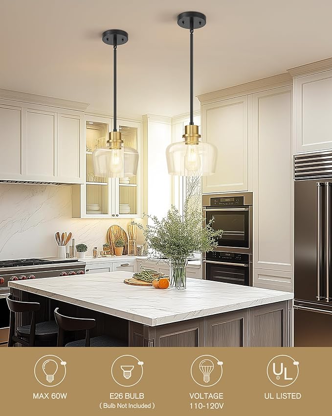 Emak 2 Pack Black Gold Pendant Lights Kitchen Island, Modern 8 Inch Clear Glass Pendant Light, Farmhouse Island Lights for Kitchen, Bathroom, Dining Room, PL122-BKBGD-CG-2PK