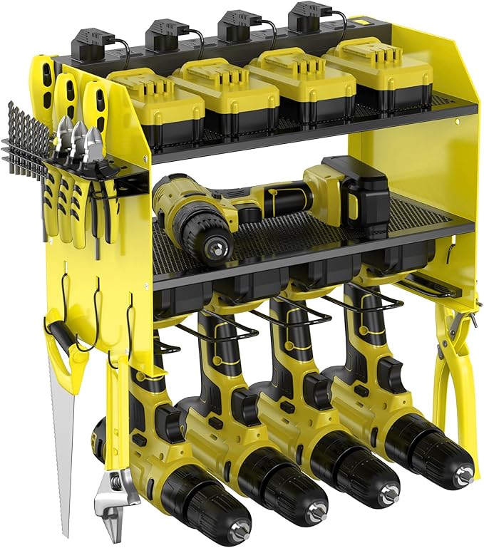 Heavy Duty Drill Holder & Power Tool Organizer Wall Mount, Metal Cordless Tool Organizer for Cordless Drill, Accessory Holder Rack (3L4D WITH CHARGING STATION (YELLOW), With Charging Station)