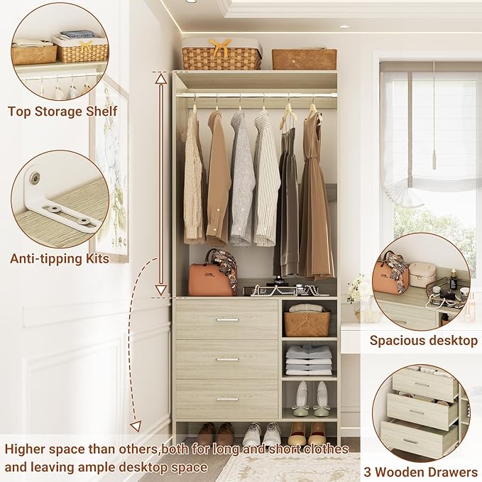 Aheaplus 2.5FT Closet System with 3 Drawers, 29.5’’ Closet Organizer, Wood Closet Organizer System, Walk-in Closet or Small Closets Wardrobe, Clothes Rack with Hanging Rods,-E6, White Oak