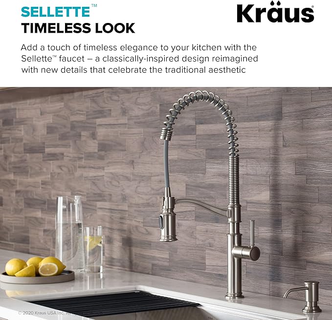 KRAUS Sellette Commercial Style Spot Free Stainless Steel Single Handle Pull-Down Kitchen Faucet with Deck Plate and Soap Dispenser, KPF-1683SFS-KSD-80SFS