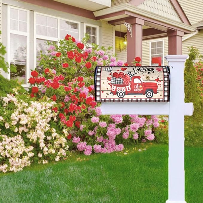 Valentines Day Mailbox Cover Magnetic Standard Size 25.5 x 21 Inch Love Hearts Red Truck Black White Buffalo Plaid Valentines Decoration Mailbox Cover Romantic Post Box Cover Wraps Garden Yard Decor