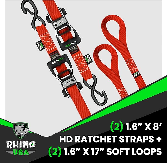 Rhino USA Ratchet Straps Heavy Duty Kit (2-Pack) - 1.6 Inch x 8 Feet (5,208lb Break Strength) - Ultimate Tie Down Straps with Safety S Hooks for Trucks, ATV, UTV, Motorcycle, Cargo & More - Red