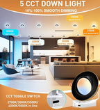 [4 Pack] CLOUDY BAY 6 inch 5 Color Swivel LED Gimbal Recessed Light with Night Light,12W CRI80+ 850LM,2700K/3000K/3500K/4000K/5000K,Canless Angled Adjustable Ceiling Downlight,Black