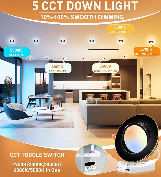 [4 Pack] CLOUDY BAY 6 inch 5 Color Swivel LED Gimbal Recessed Light with Night Light,12W CRI80+ 850LM,2700K/3000K/3500K/4000K/5000K,Canless Angled Adjustable Ceiling Downlight,Black