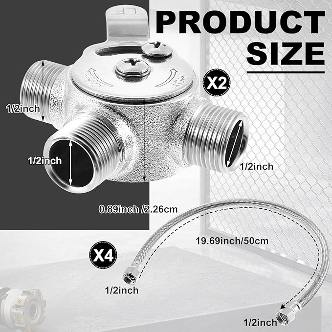 2 Pcs 1/2" Manual Mixing Valve Hot Cold Water Temperature Mixer Thermostatic Mixing Valve for Home and Bathroom Below Deck to Adjust Water Temperature, 4 Braided Faucet Connector Included